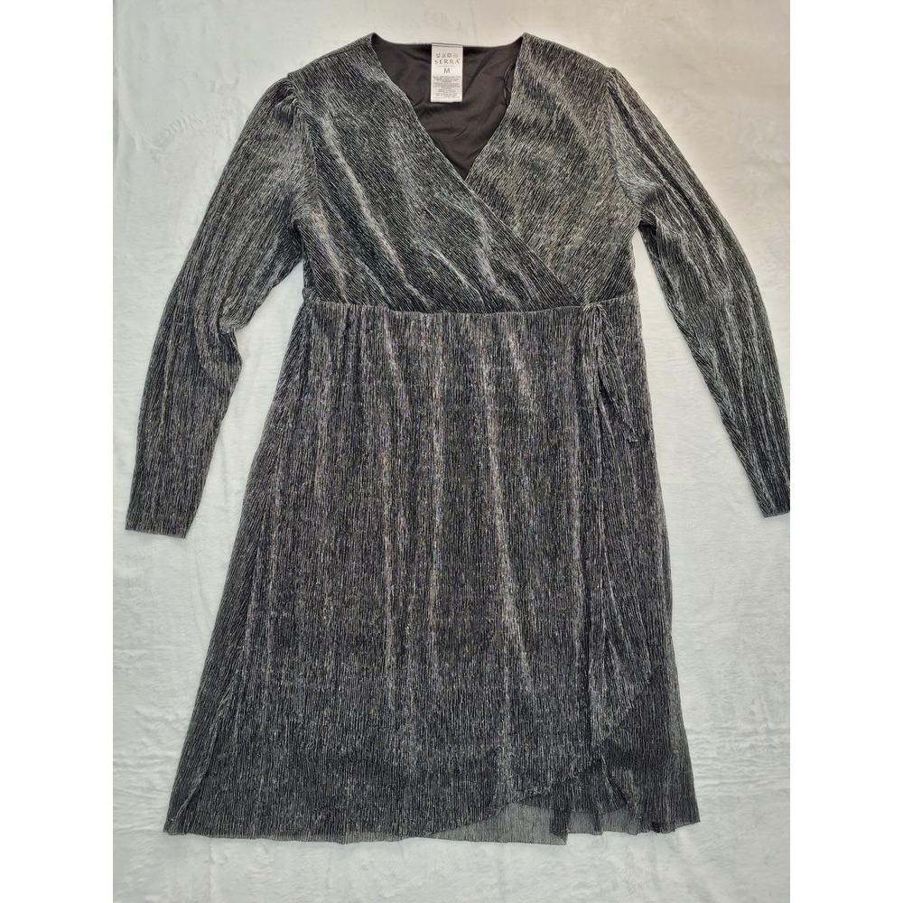 Serra‎ Wrap Dress Women Medium Silver Long Sleeve Metallic Pleated Midi